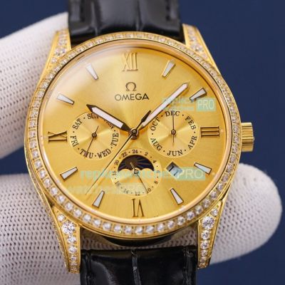 Swiss Super Replica Omega Yellow Gold Dial Black Leather Strap Diamonds Bezel 40mm